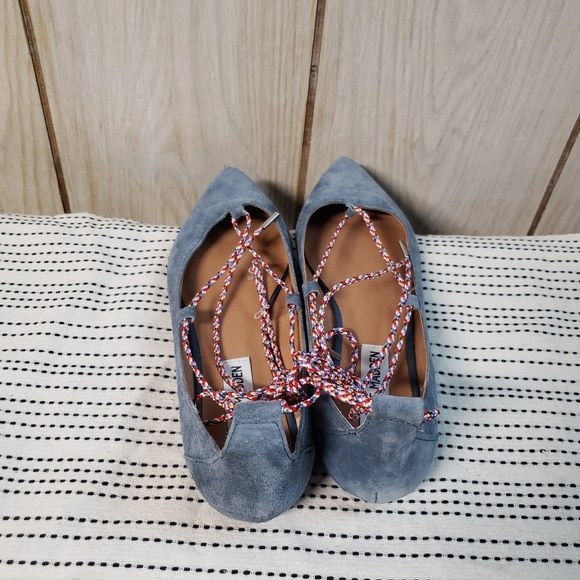 Steve Madden Womens Emilie Ballet Flats Blue Suede Ankle Strap Lace Up Shoes 7.5 - Picture 4 of 8